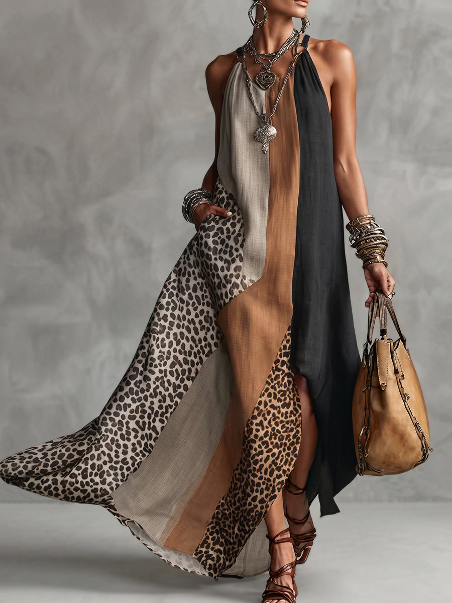 Abito Lungo Halter Stampa Leopardo Asimmetrico Da Donna