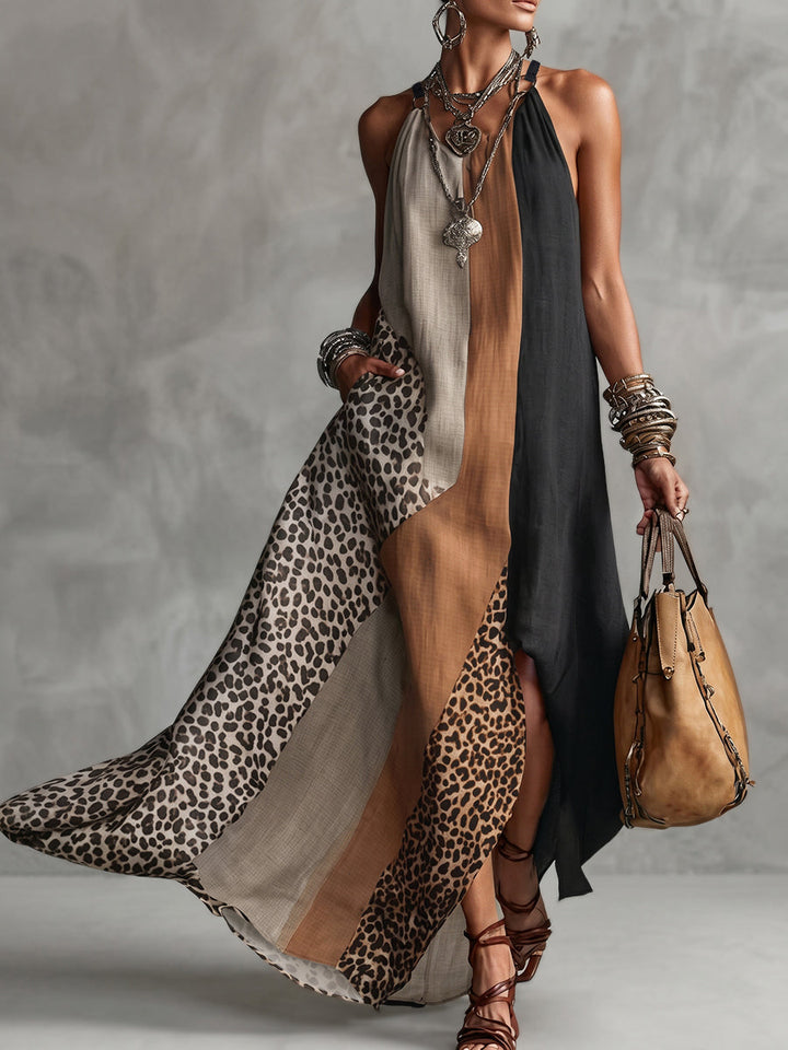 Abito Lungo Halter Stampa Leopardo Asimmetrico Da Donna