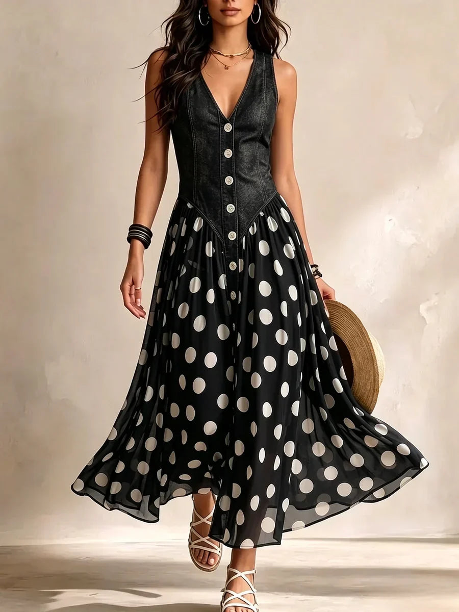 Abito Lungo A Pois Scollo A V Da Donna
