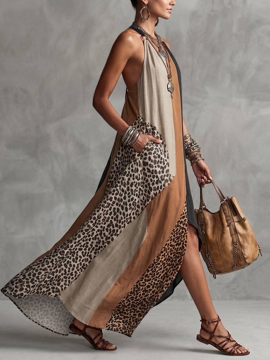 Abito Lungo Halter Stampa Leopardo Asimmetrico Da Donna