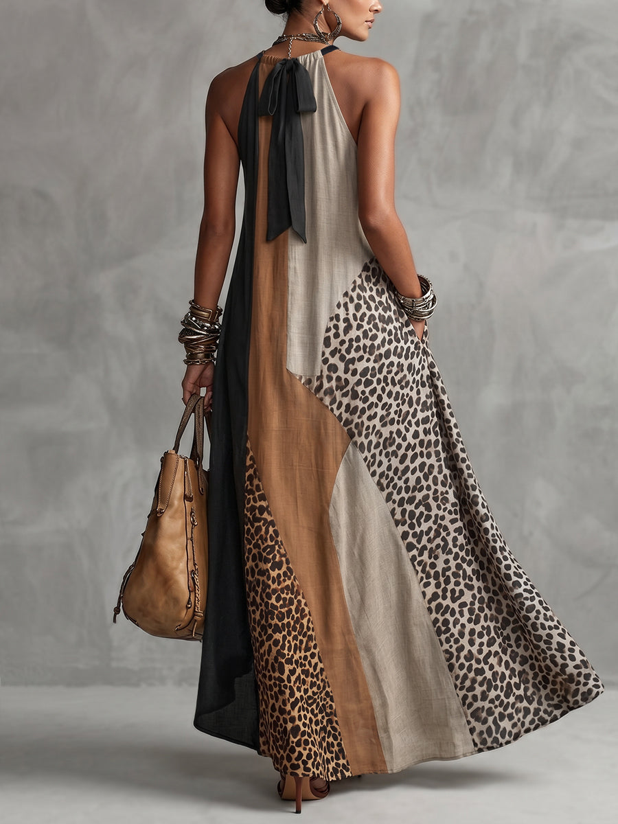 Abito Lungo Halter Stampa Leopardo Asimmetrico Da Donna