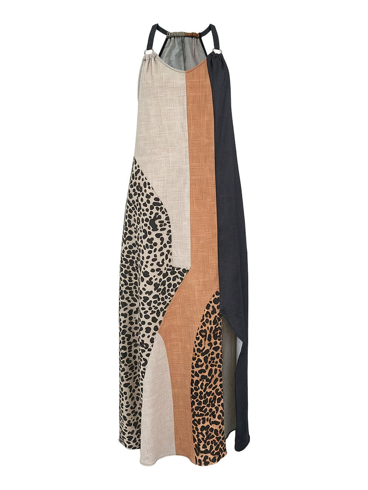 Abito Lungo Halter Stampa Leopardo Asimmetrico Da Donna