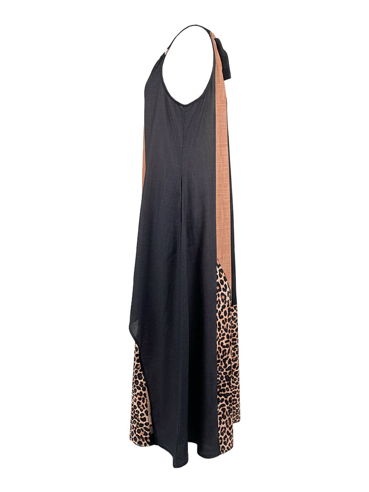 Abito Lungo Halter Stampa Leopardo Asimmetrico Da Donna