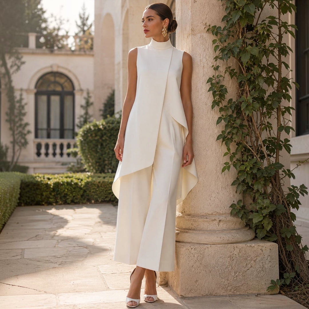 Tuta Elegante Gamba Larga Collo Alto Da Donna