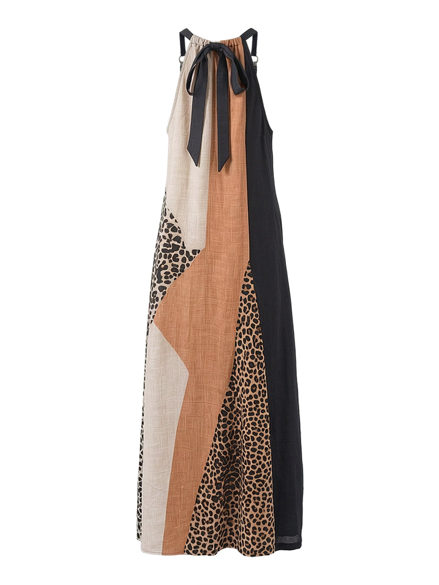 Abito Lungo Halter Stampa Leopardo Asimmetrico Da Donna