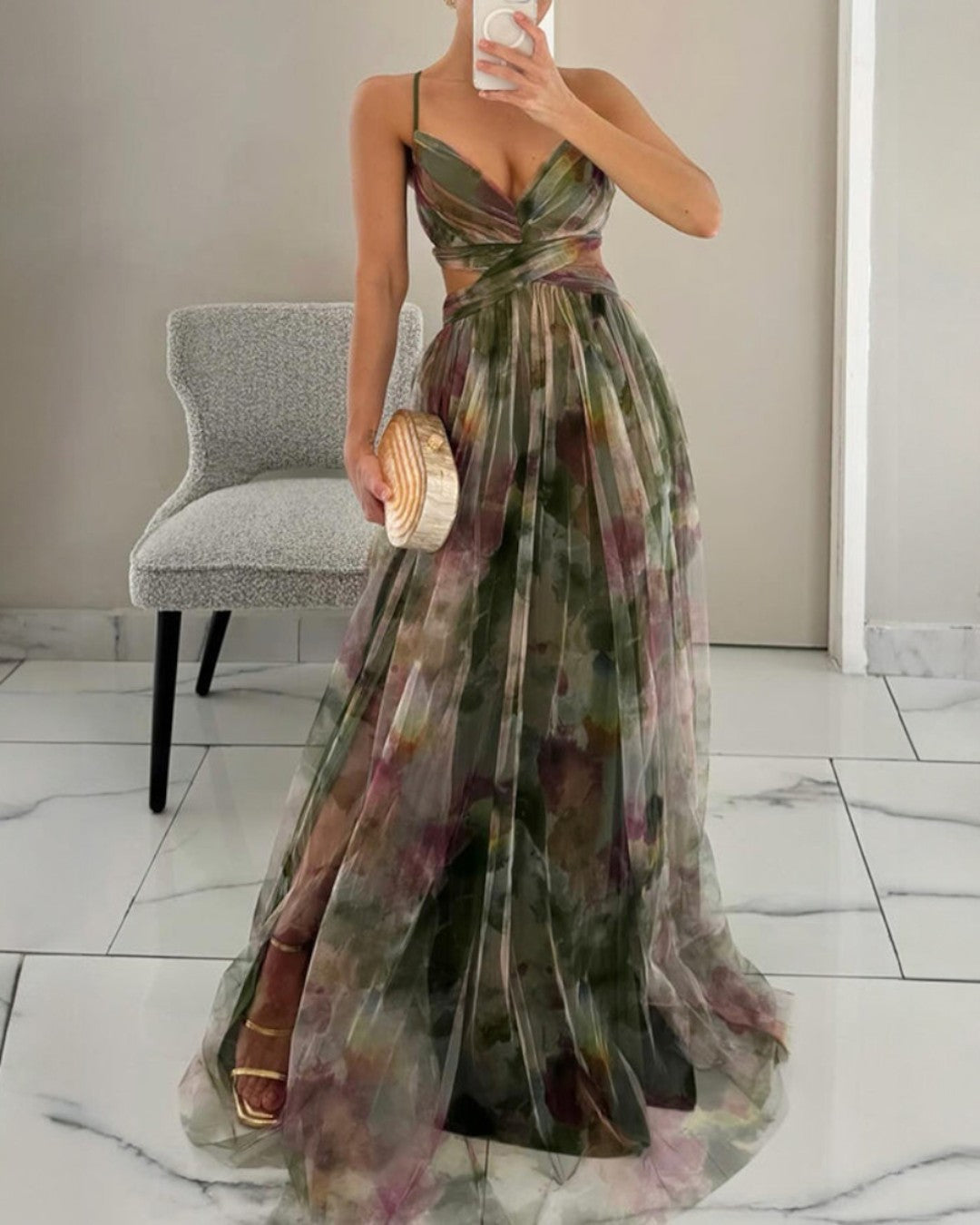 Vestito Lungo Floreale Con Spalline Regolabili Da Donna