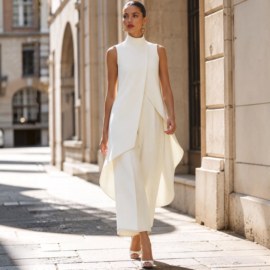 Tuta Elegante Gamba Larga Collo Alto Da Donna