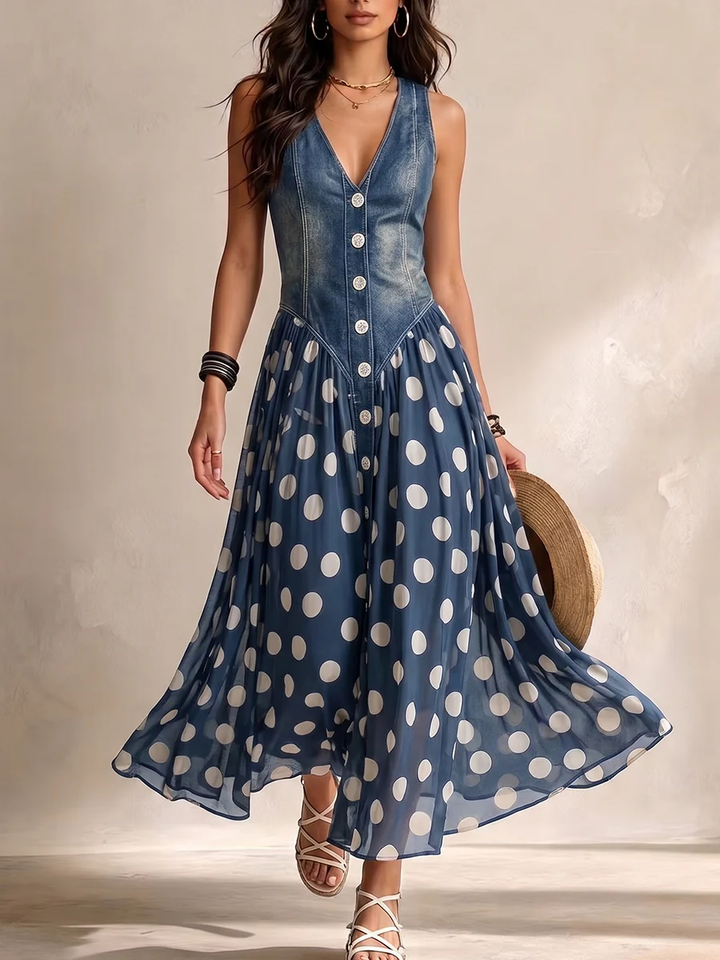 Abito Lungo A Pois Scollo A V Da Donna