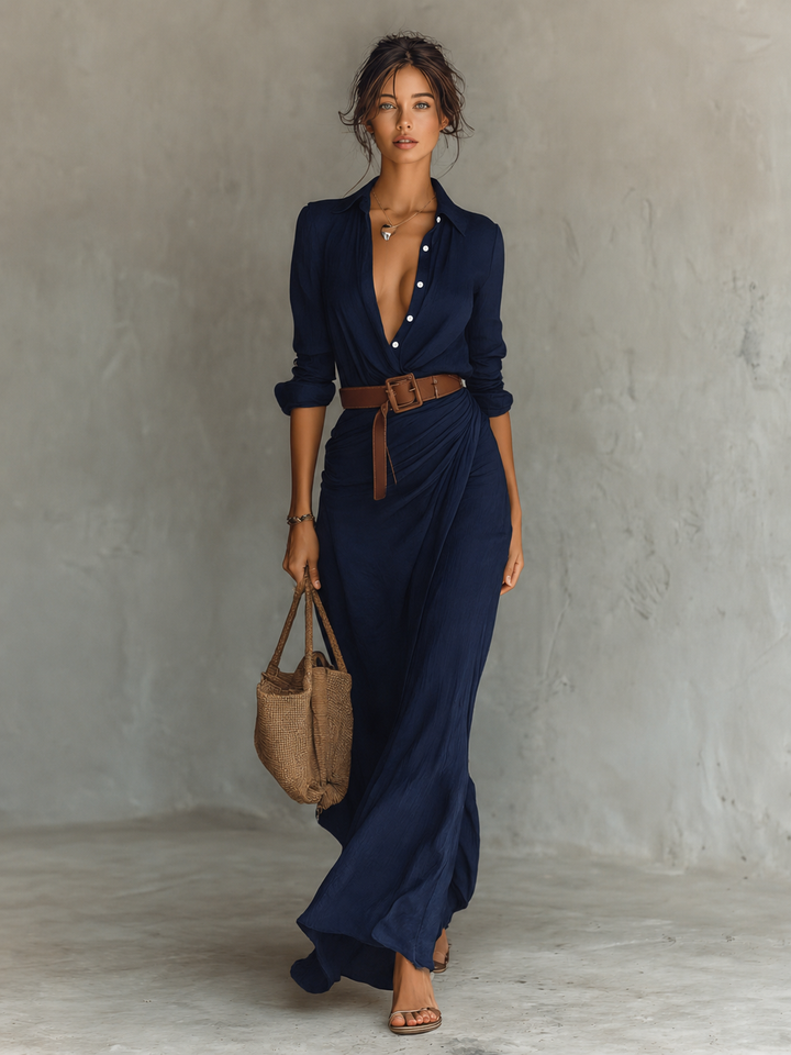 Abito Lungo Elegante Scollo A V Con Cintura Da Donna