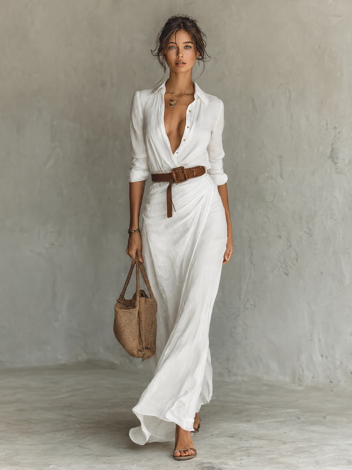 Abito Lungo Elegante Scollo A V Con Cintura Da Donna