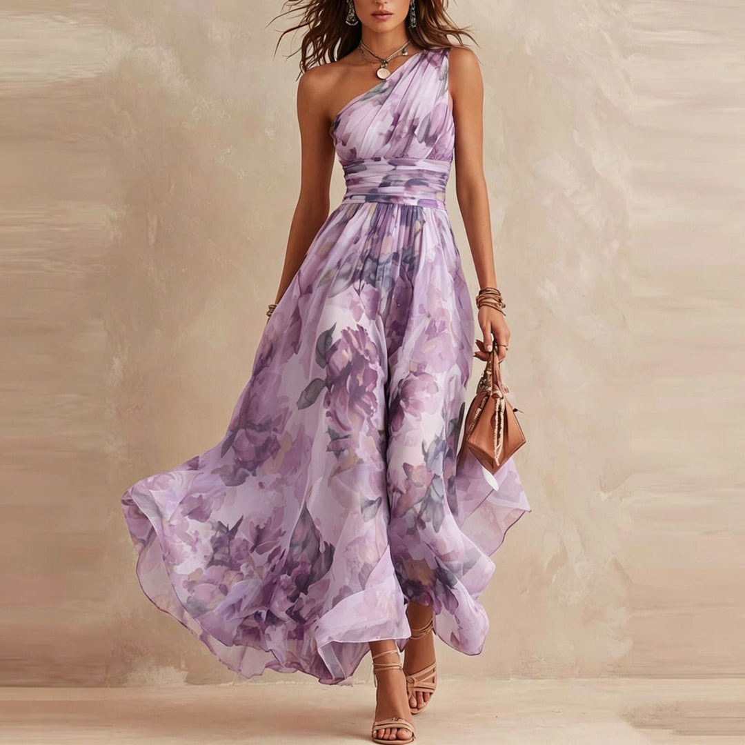Abito Lungo Monospalla Floreale Asimmetrico Da Donna