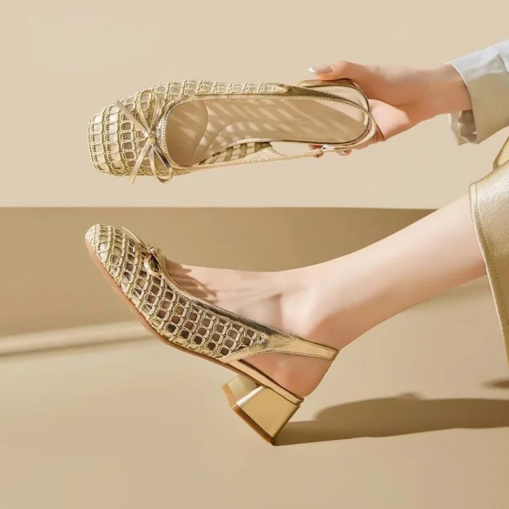 Scarpe Mary Jane Traforate con Tacco Medio e Fiocco da Donna