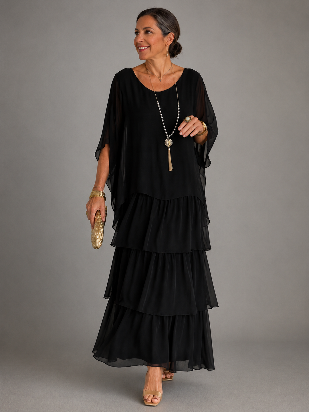 Abito Lungo Elegante Fluido A Strati Da Donna