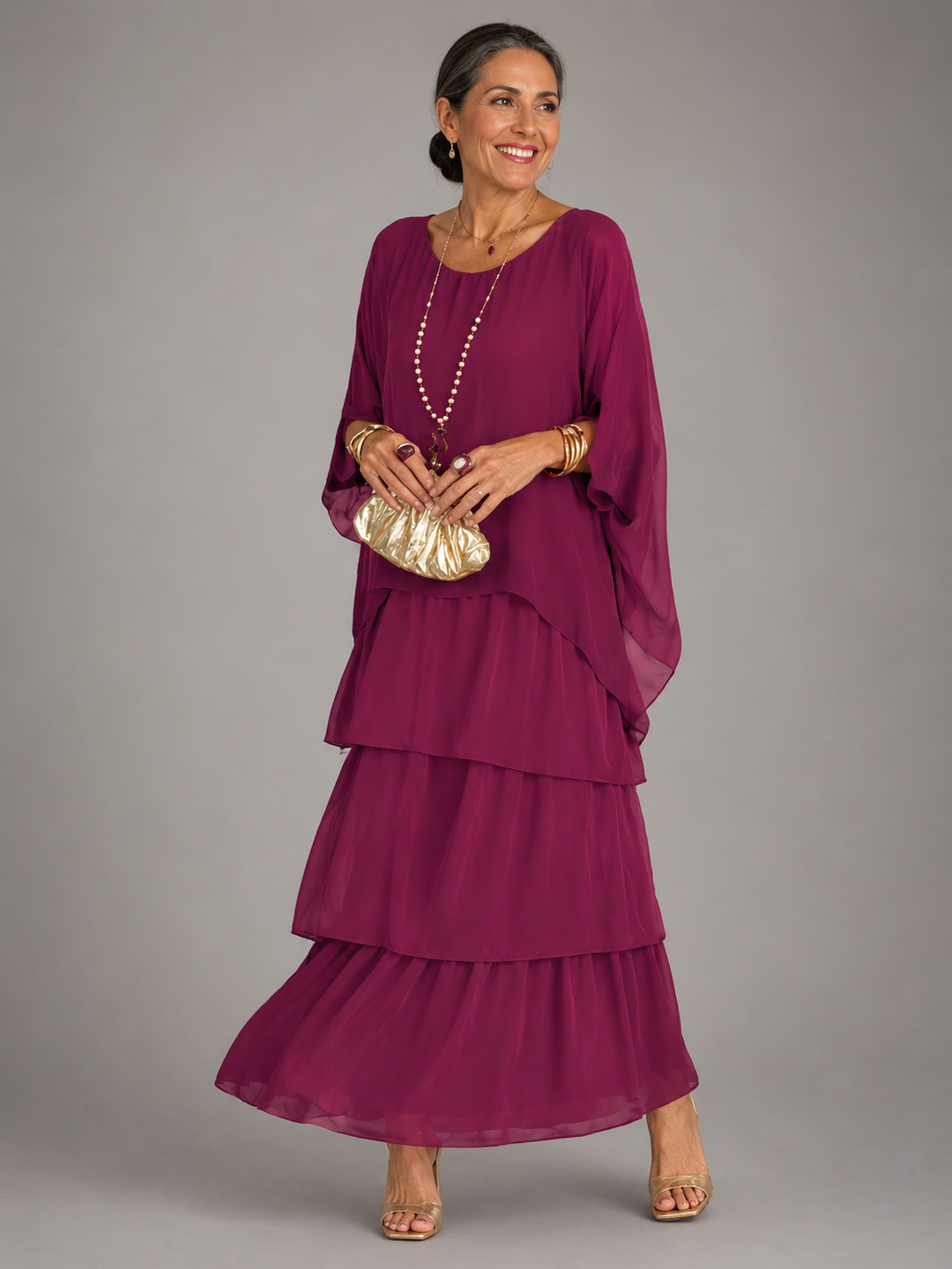 Abito Lungo Elegante Fluido A Strati Da Donna