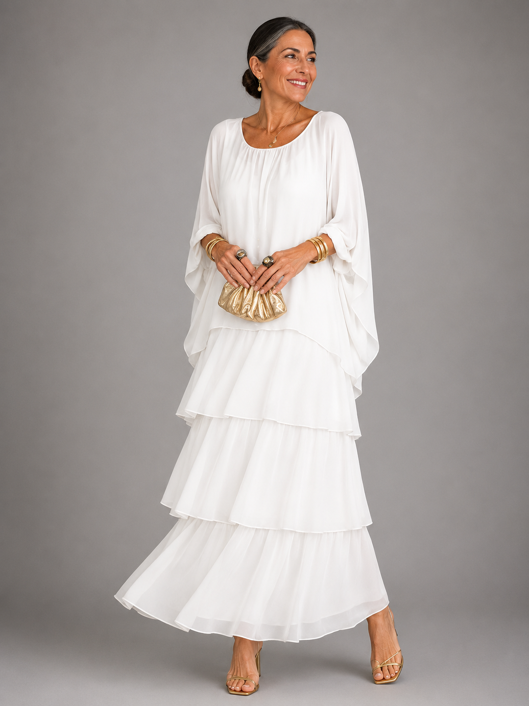 Abito Lungo Elegante Fluido A Strati Da Donna