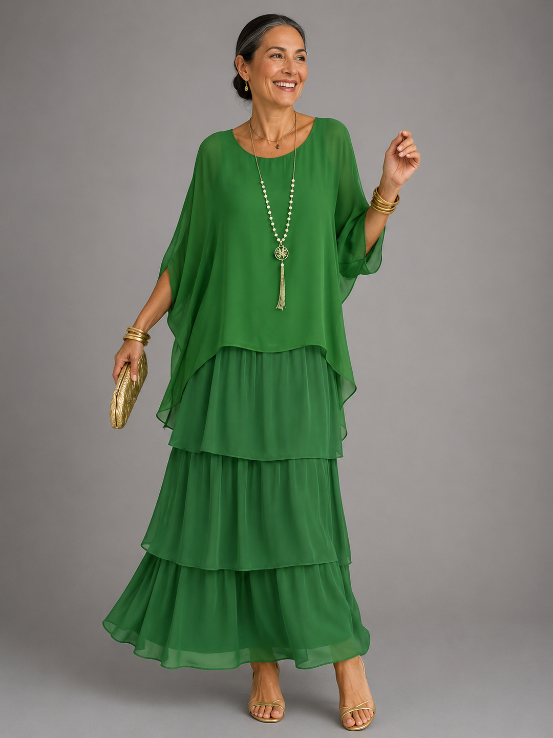 Abito Lungo Elegante Fluido A Strati Da Donna