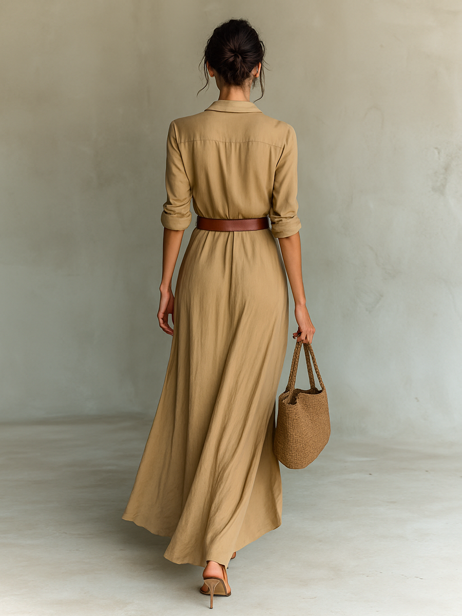 Abito Lungo Elegante Scollo A V Con Cintura Da Donna